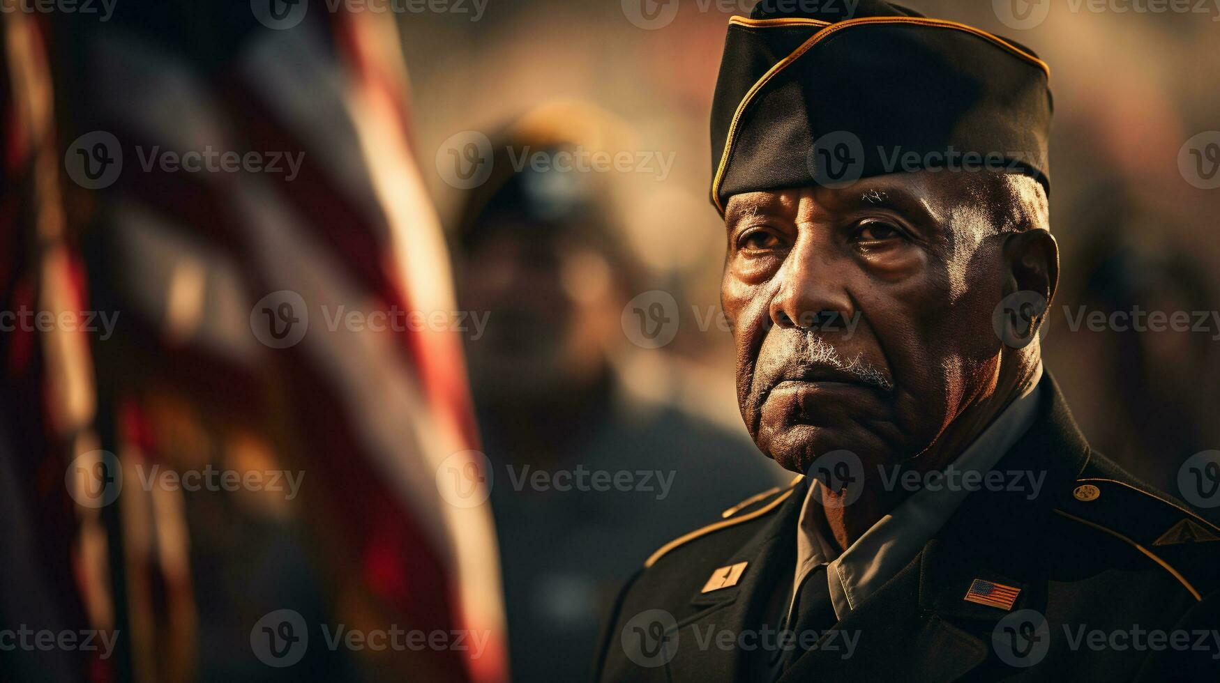 AI generative. Portrait of an elderly man on the background of the american flag photo