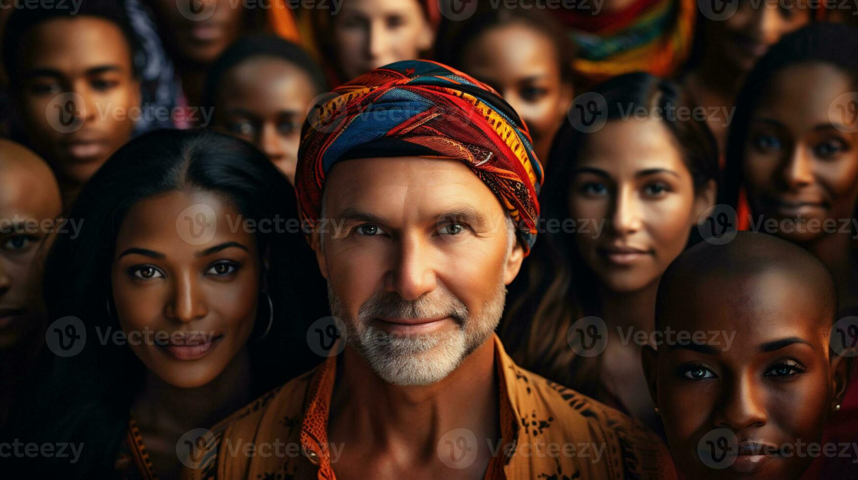 AI generative. Group of diverse people in a row looking at the camera and smiling photo