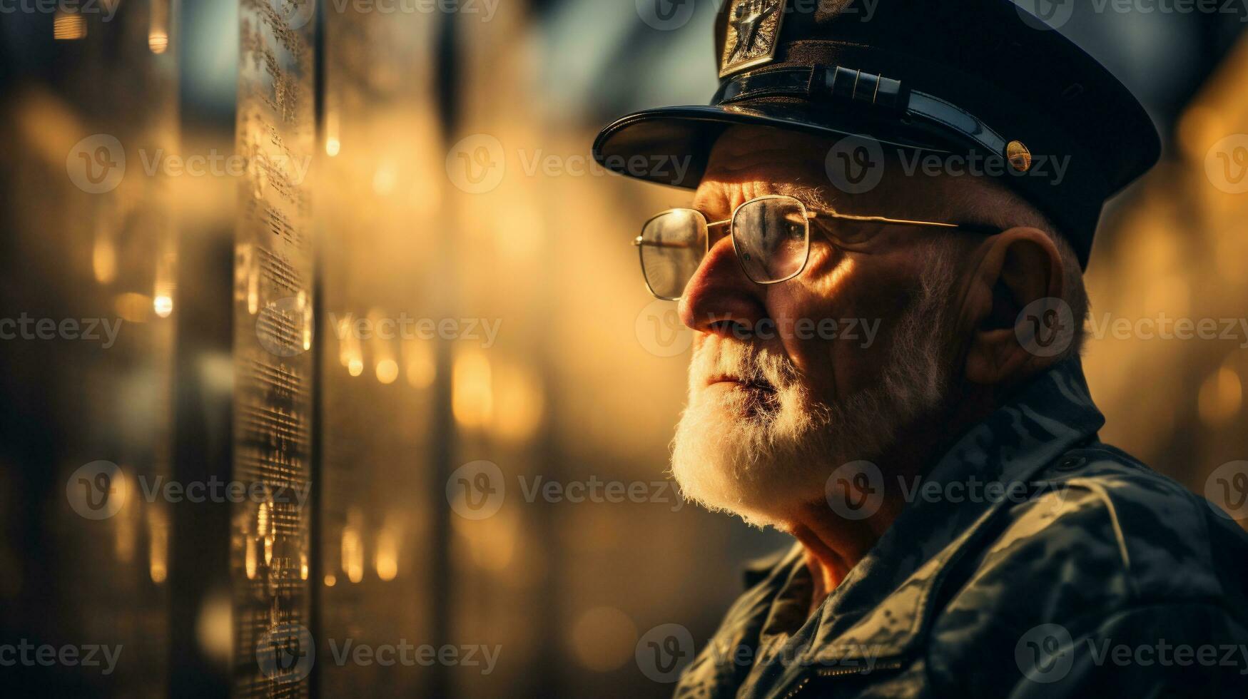 AI generative. Portrait of an old man in a military cap and glasses. photo