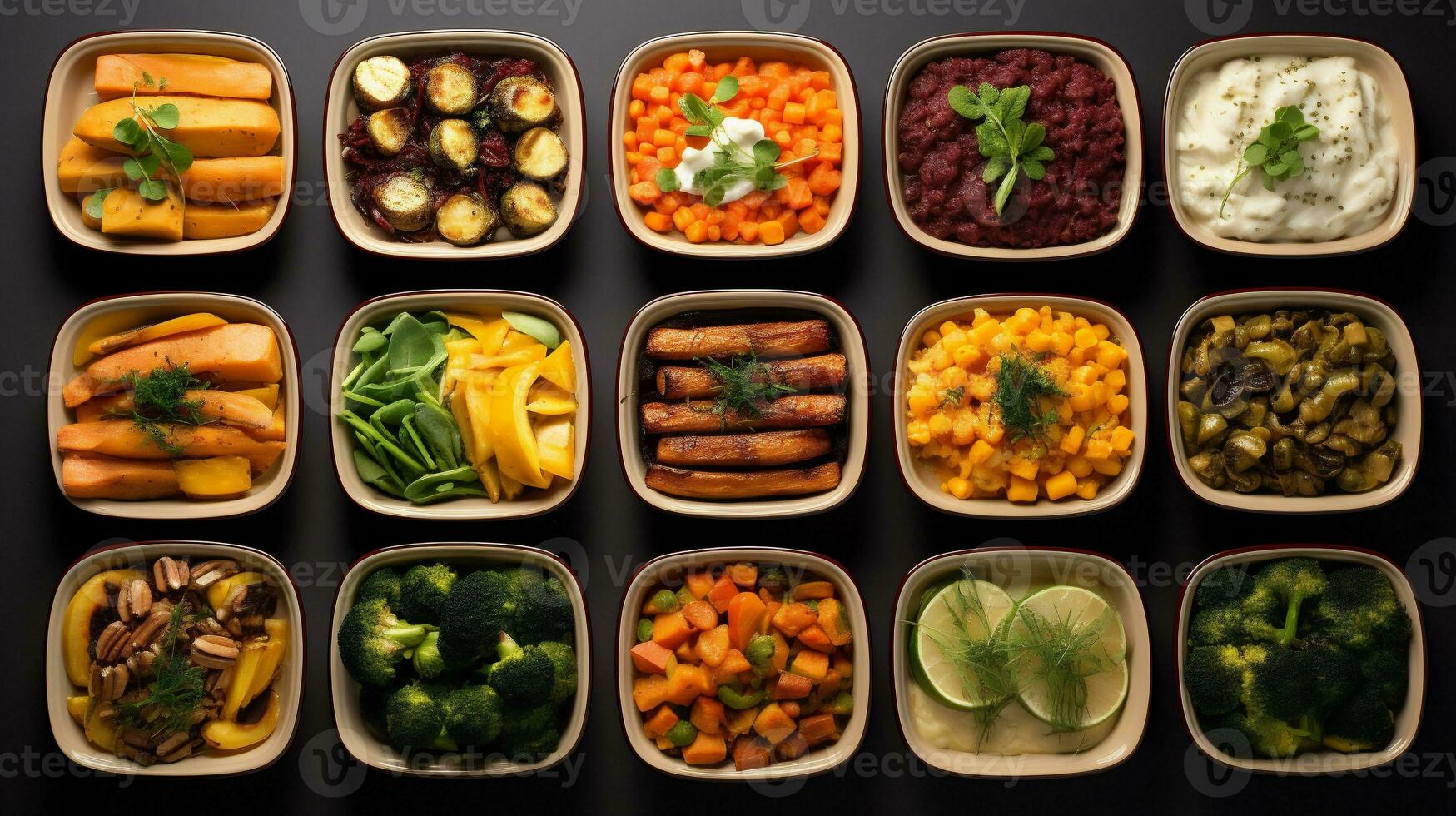 AI Generative. Healthy eating concept with different meals in bowls on a black background photo