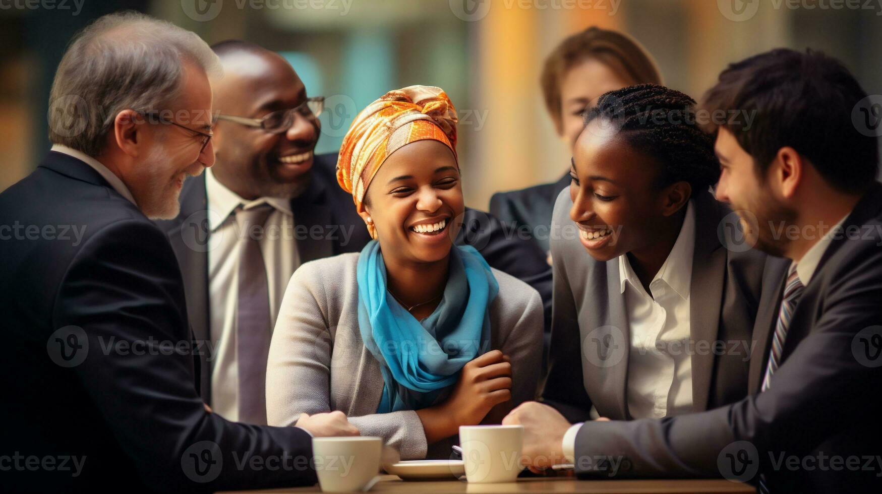 AI generative. Group of multiethnic business people sitting at table and having a meeting photo