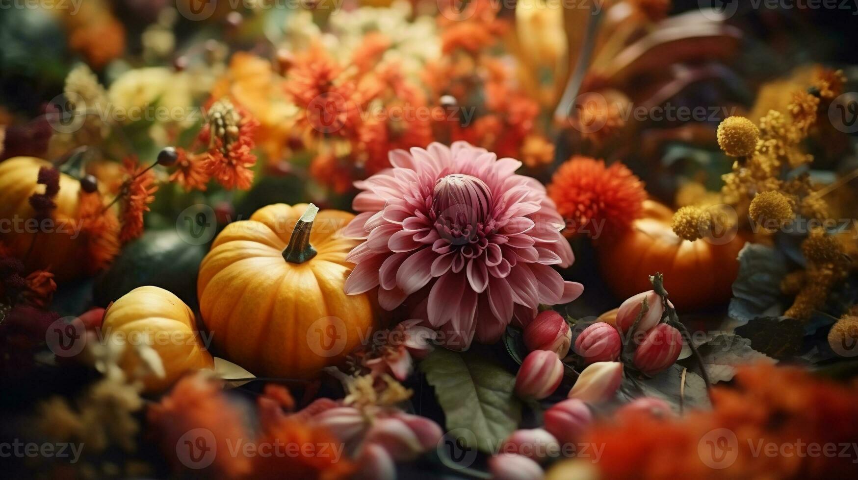 AI Generative. Autumn composition with pumpkins, flowers and leaves on dark background photo