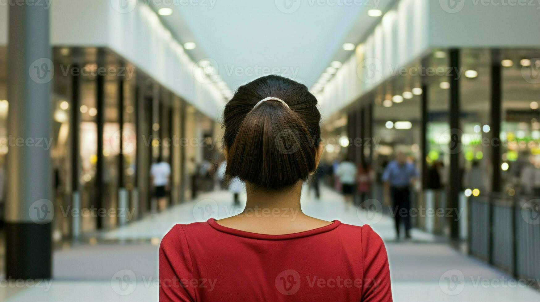 joven asiático mujer caminando en un compras centro comercial. generativo ai foto