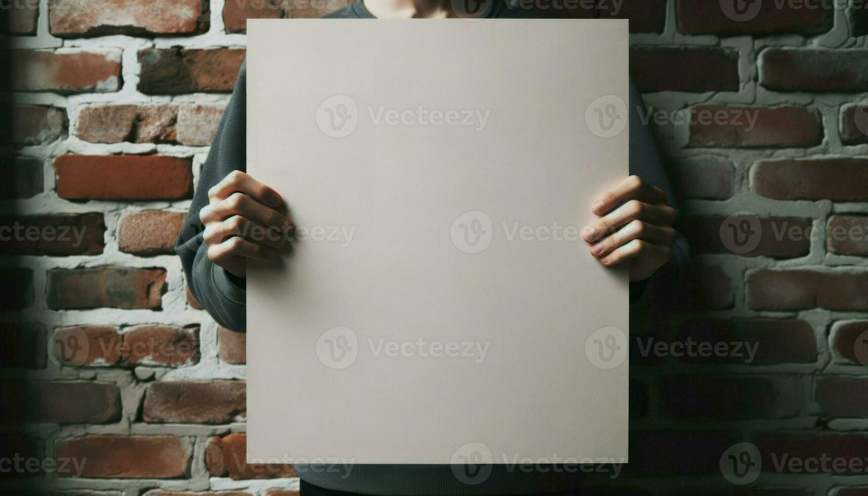 An individual holding a rolled-out blank poster, standing against a brick wall.. Generative AI photo