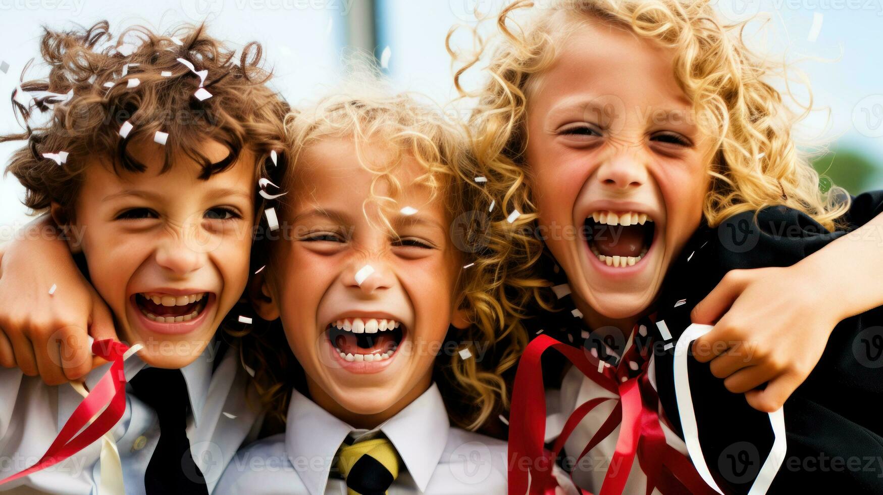 Tres alegre niños riendo fuera alto. generativo ai foto