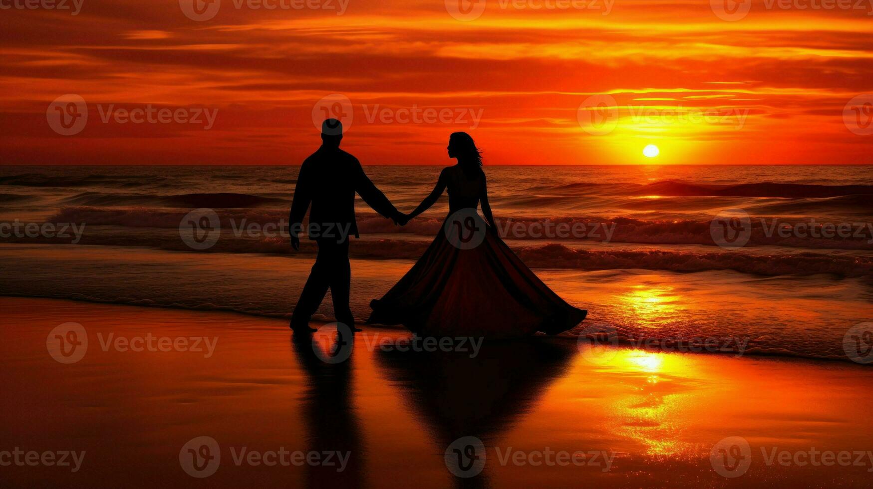 A romantic silhouette of a couple against a fiery sunset.. Generative AI photo