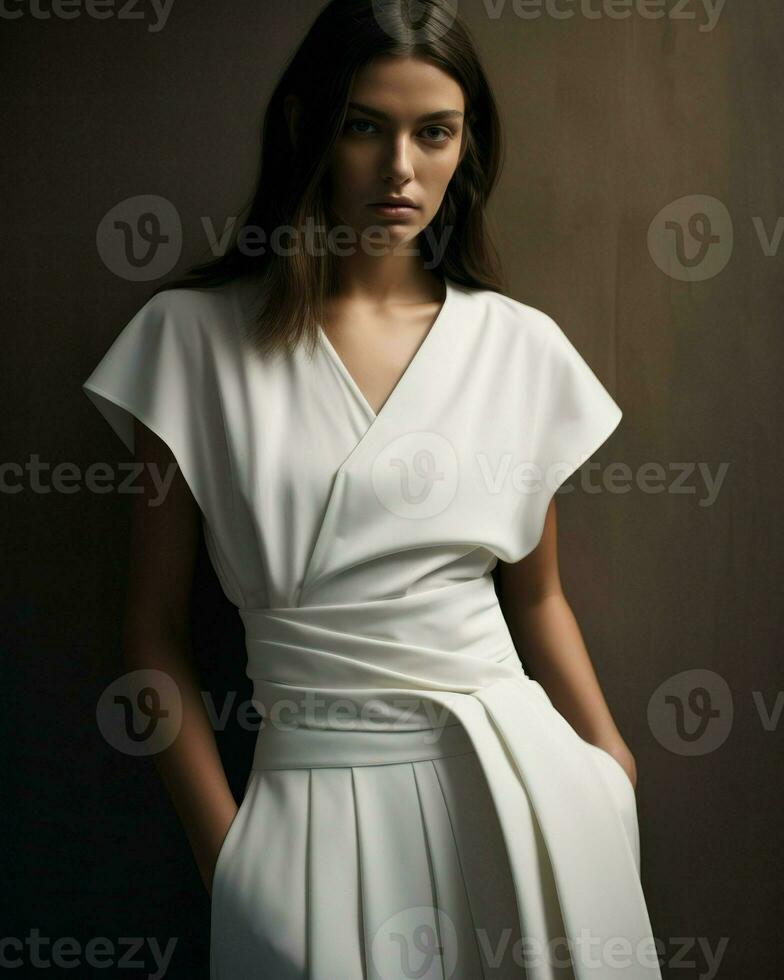 A model elegantly posing against a wall, adorned in a pristine white dress.. Generative AI photo
