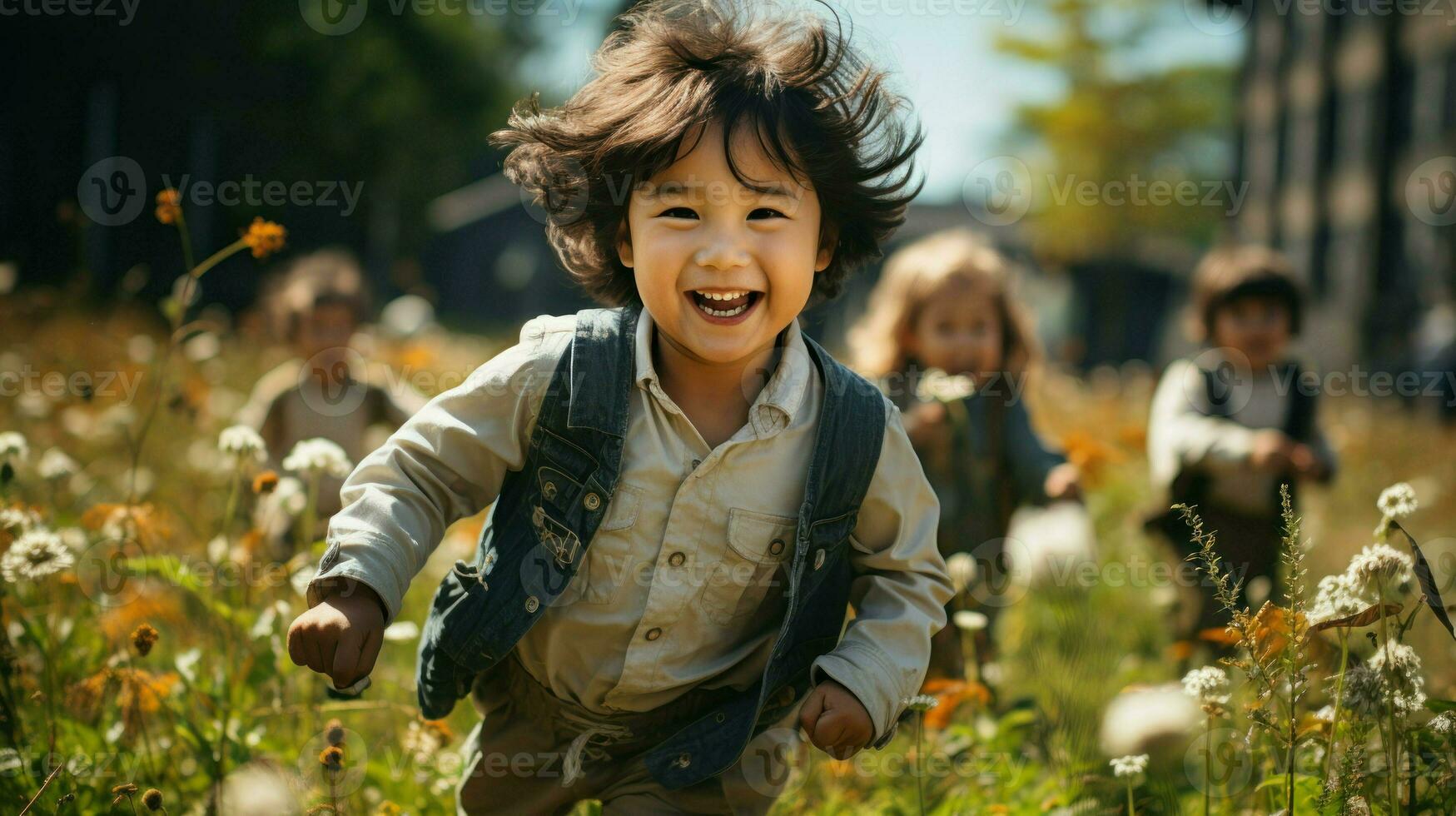 Group of asian children playing and running in an open field.. Generative AI photo
