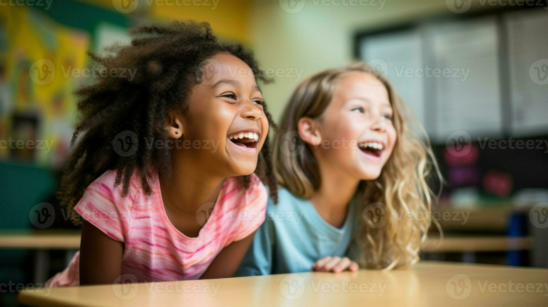 africano americano y caucásico pequeño muchachas teniendo divertido en el aula. generativo ai foto