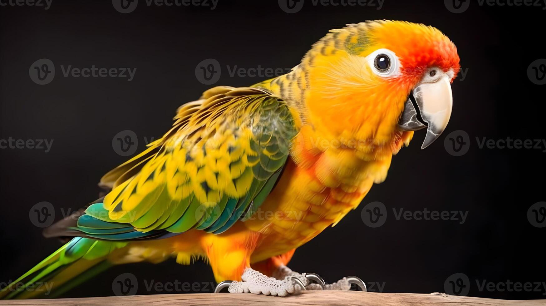 Yellow parakeet and love birds parrots isolated on black. AI Generated. photo