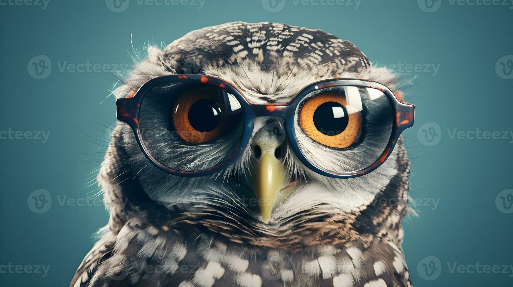 Close up of owl face wear the eyeglass. AI Generated. photo