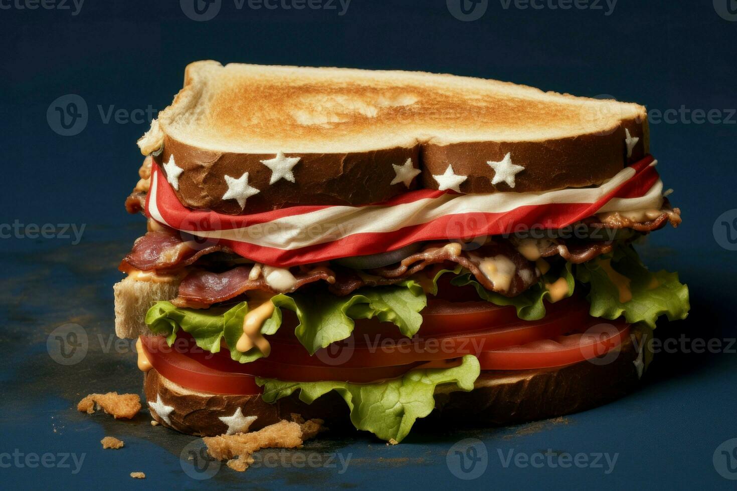 Tasty sandwich on american flag with stars. Generate Ai photo