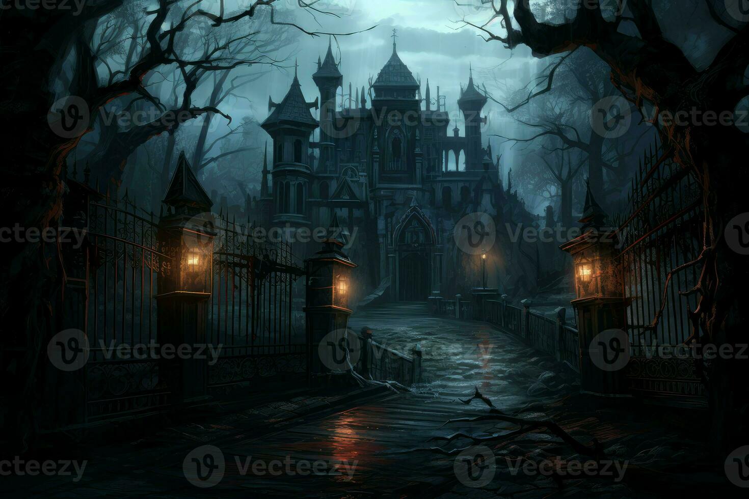 Vampire gate castle dark creepy. Generate Ai photo