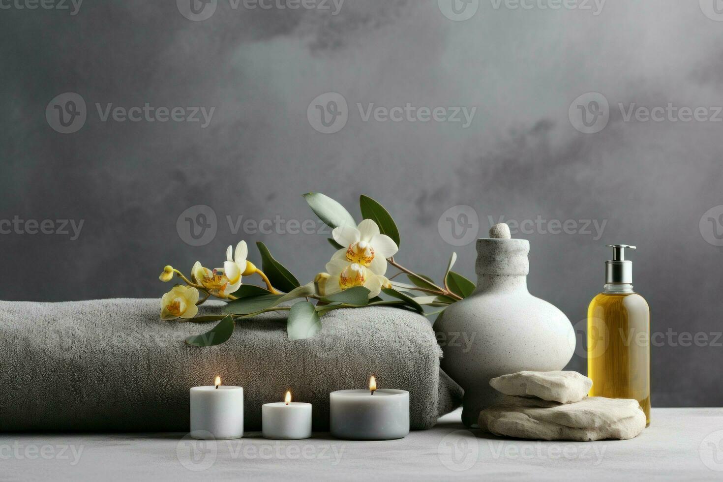 Composition of spa treatment on grey wall with bath cloth. Generate Ai photo