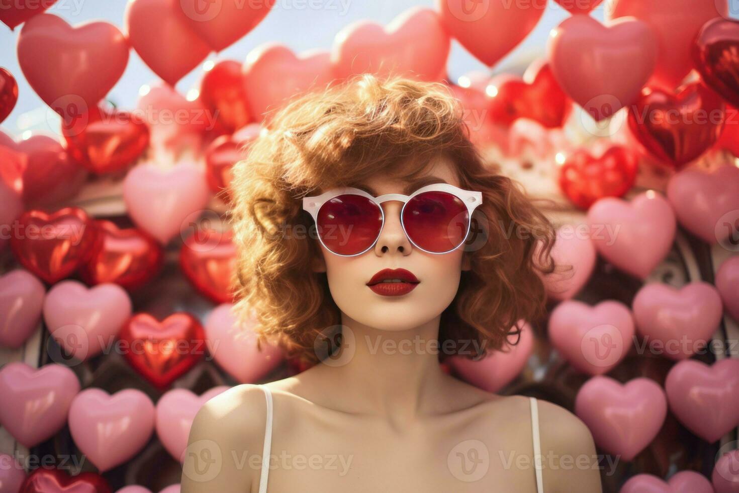 Young beautiful woman wearing pink sunglasses. Generate Ai photo