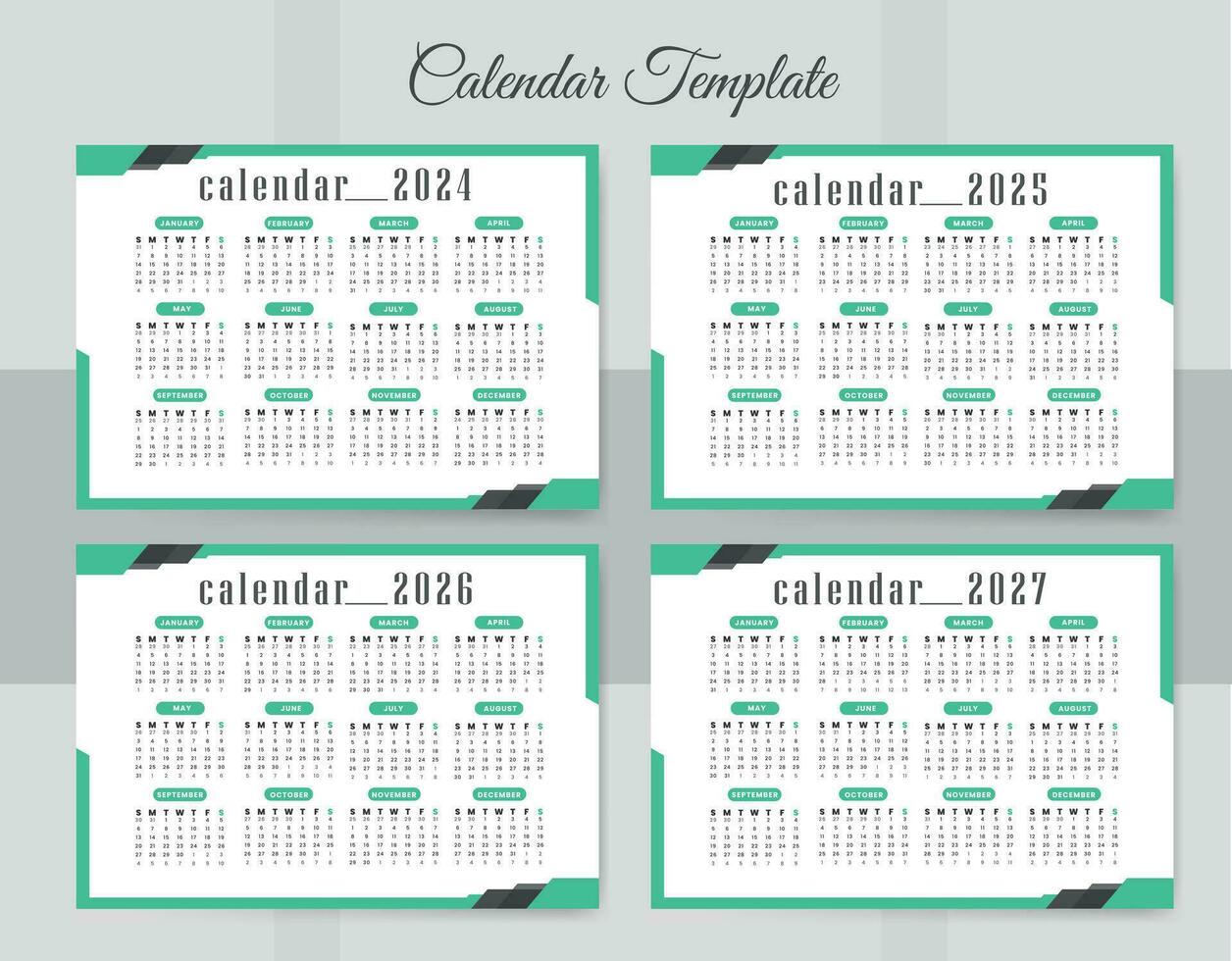 Simple calendar set for 2024-2027 years Editable landscape vector calendar template