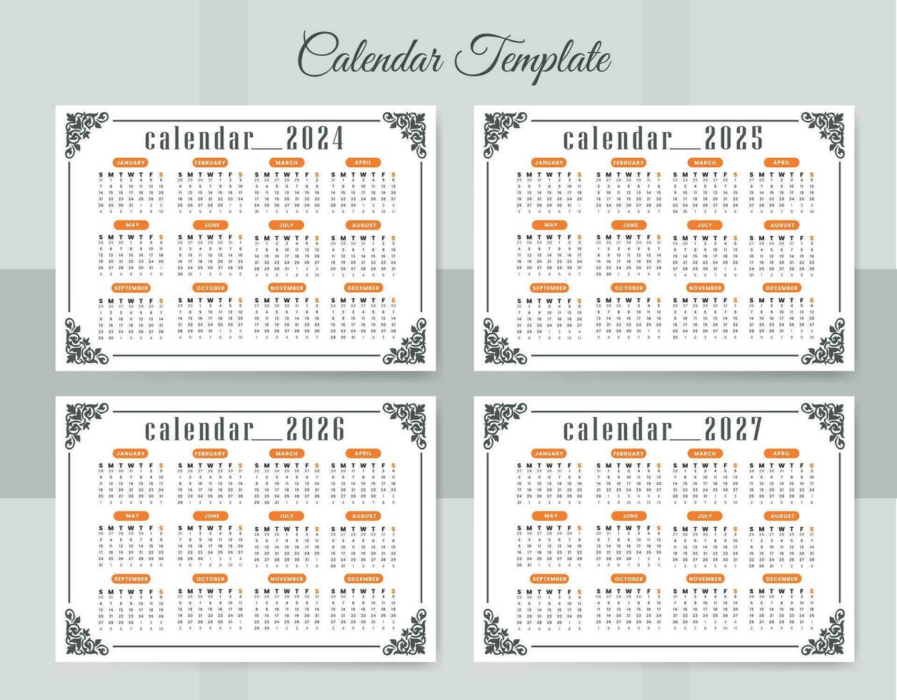 Simple calendar set for 2024-2027 years Editable landscape vector calendar template