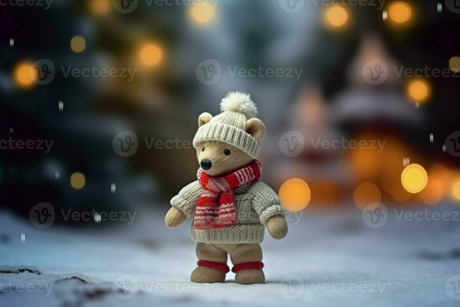 Small winter teddy bear in warm clothes. Generate ai photo