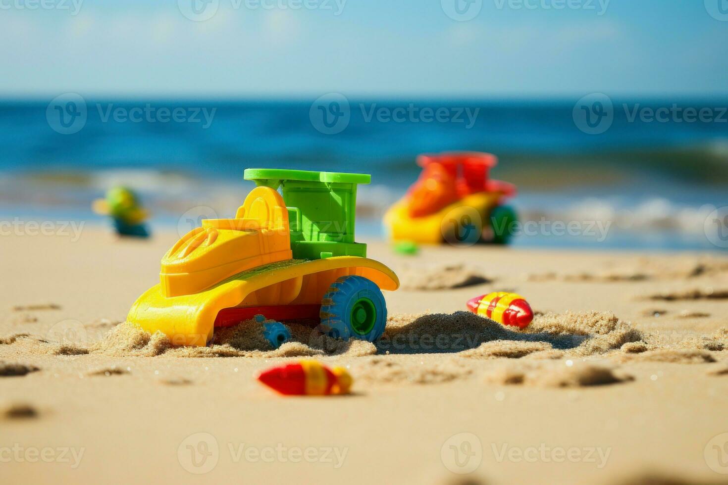 Colorful plastic sand toys on hot summer beach. Generate Ai photo