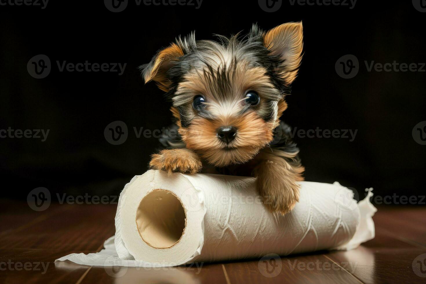 Yorkshire terrier puppy toilet crazy. Generate Ai photo