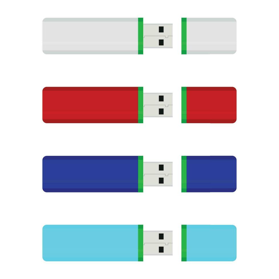 USB flash drive colored collection. Hardware usb remote color of set with cap, storage accessory flashdrive, vector illustration
