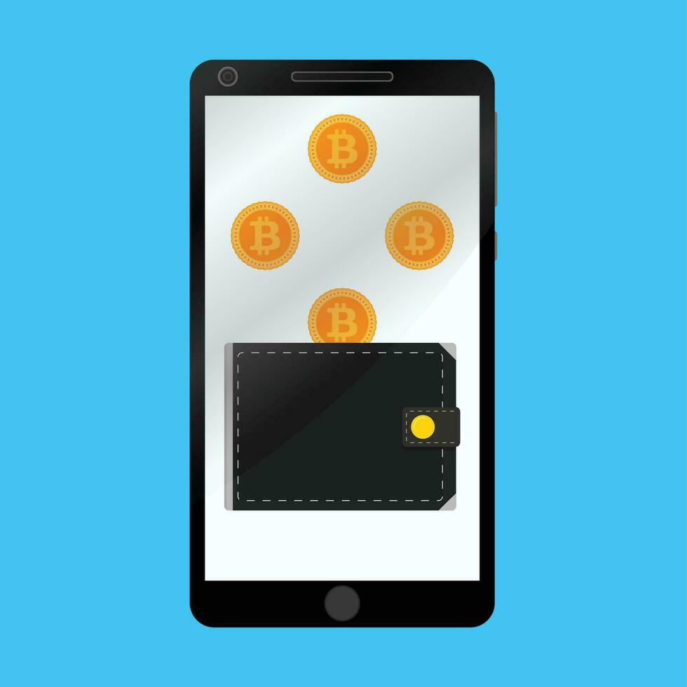 billetera para cripto bitcoin en teléfono inteligente aislado departamento. personal billetera bitcoin en teléfono, vector tecnología moneda ilustración