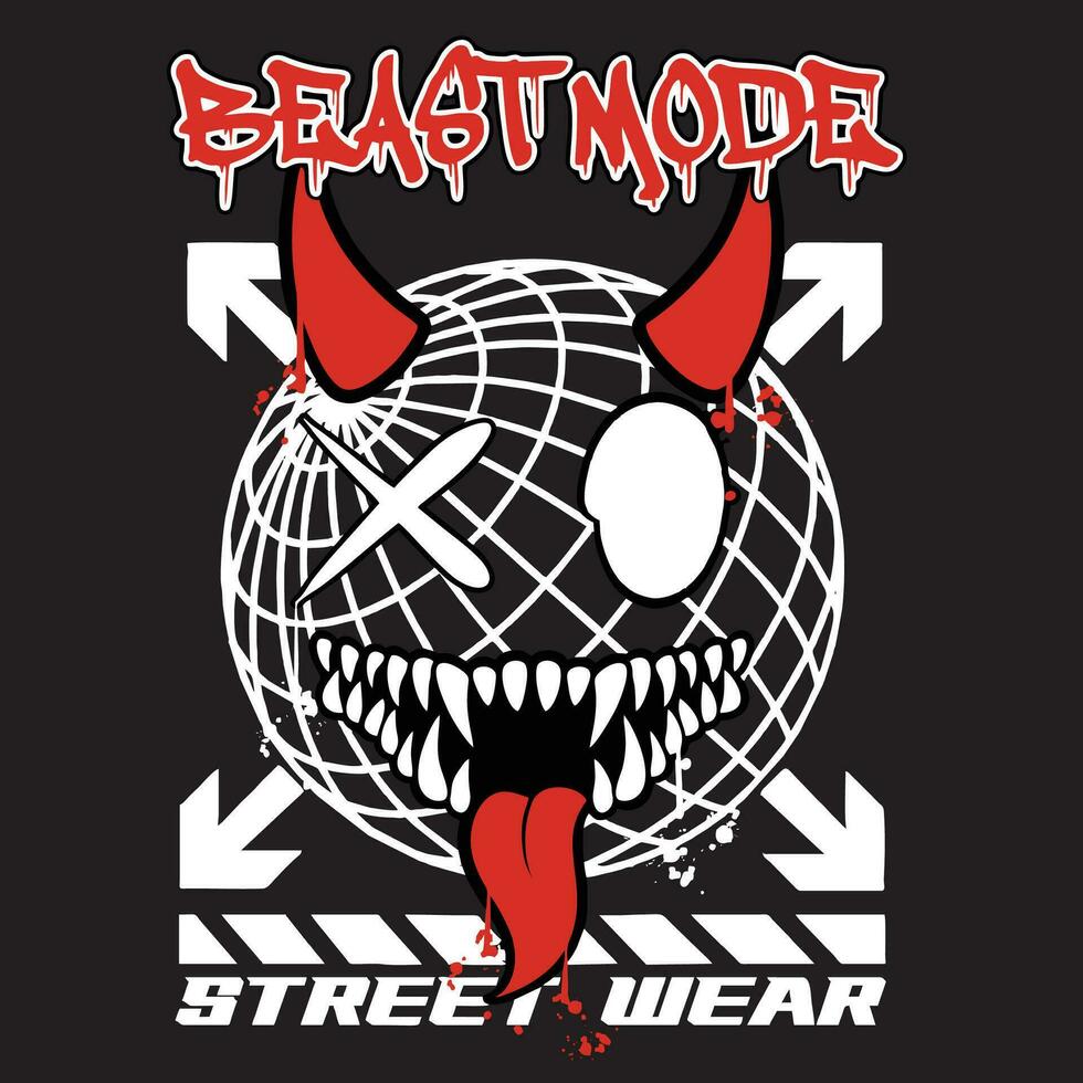 Graffiti devil street wear illustration with slogan beast mode vector