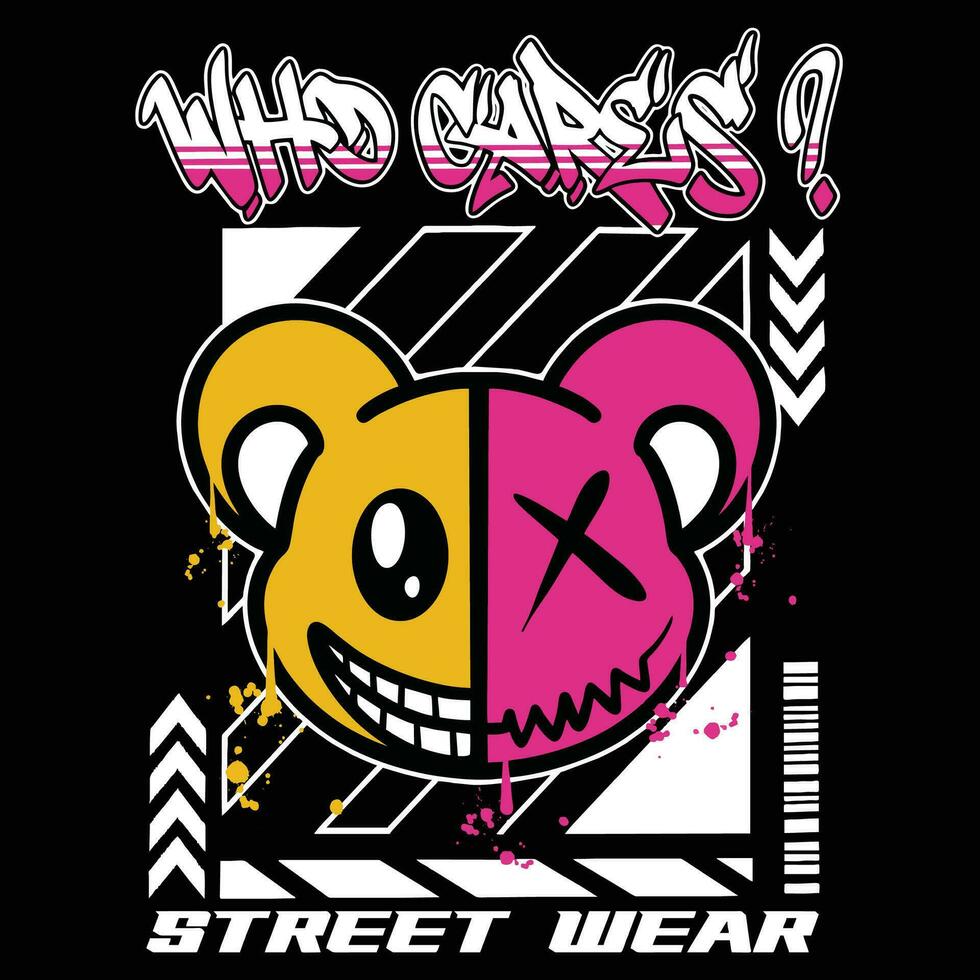 Graffiti cute bear street wear illustration with slogan who cares vector