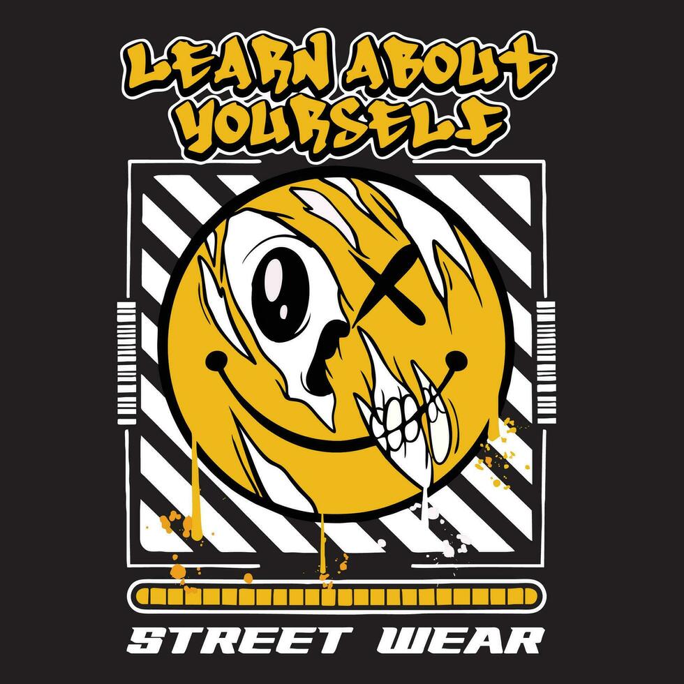 Graffiti skull emoticon street wear illustration with slogan learn about yourself vector