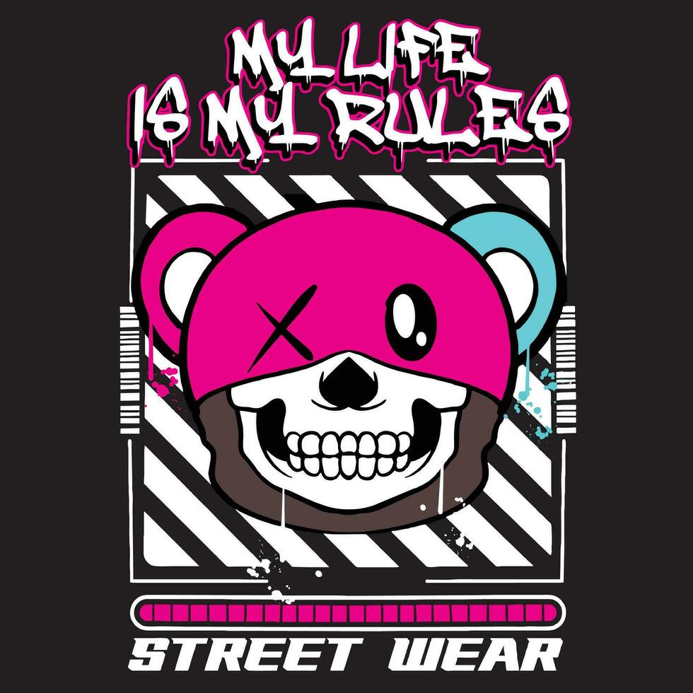 Graffiti teddy bear make mask street wear illustration with slogan my life is my rules vector