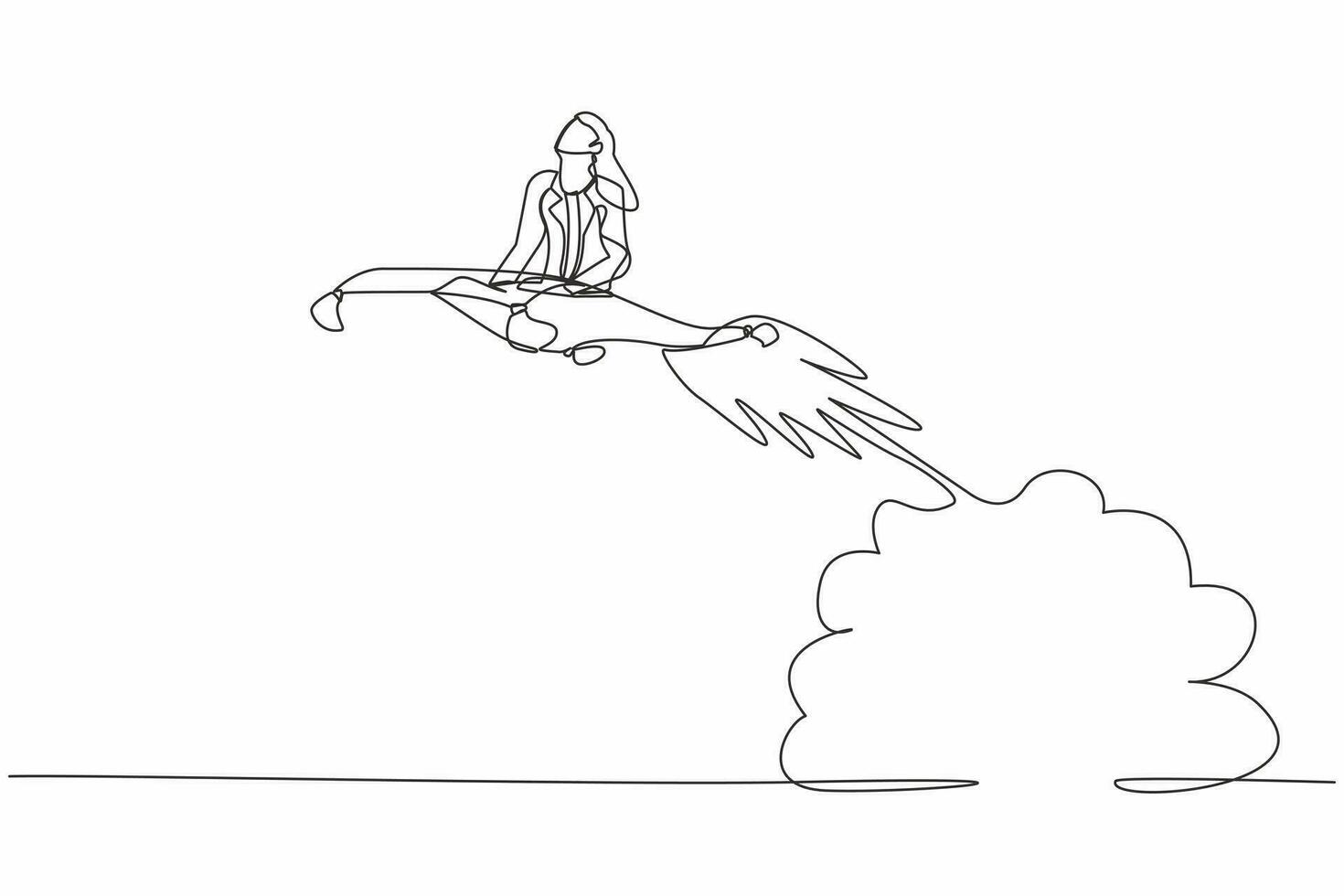soltero uno línea dibujo mujer de negocios montando magia alfombra cohete volador en el cielo. lanzamiento nuevo textil negocio. aceleración o incrementar ventas crecimiento. continuo línea dibujar diseño vector ilustración