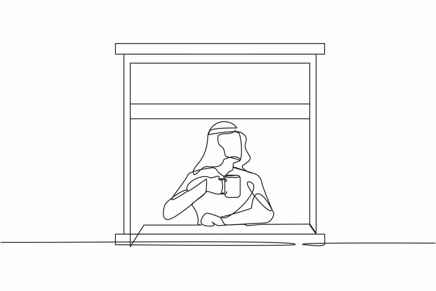 Single one line drawing Arab man enjoy hot coffee or tea in window house. Male holding mug, looking through window while sitting on windowsill at home. Continuous line draw design vector illustration