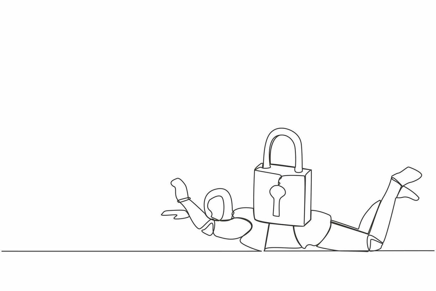 Single one line drawing stressed robot under heavy lock pad burden. Tech industry bankruptcy in Covid-19 pandemic lockdown crisis. Robotic artificial intelligence. Continuous line draw design vector