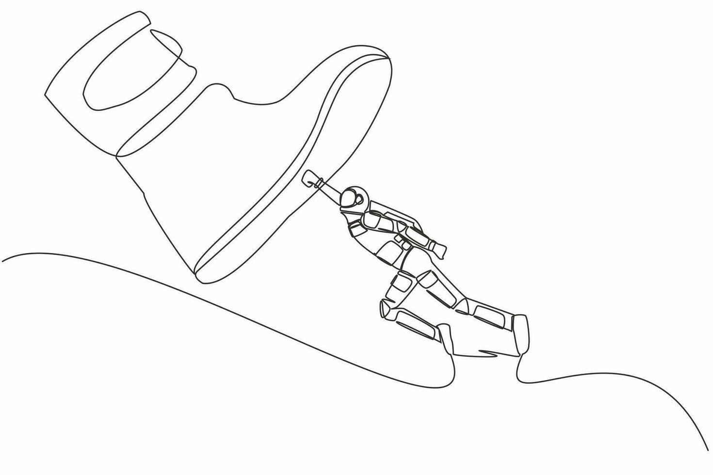 Single continuous line drawing young astronaut flying with jetpack against giant shoes stomping. Spaceman fly up against giant foot step. Cosmonaut deep space. One line draw design vector illustration