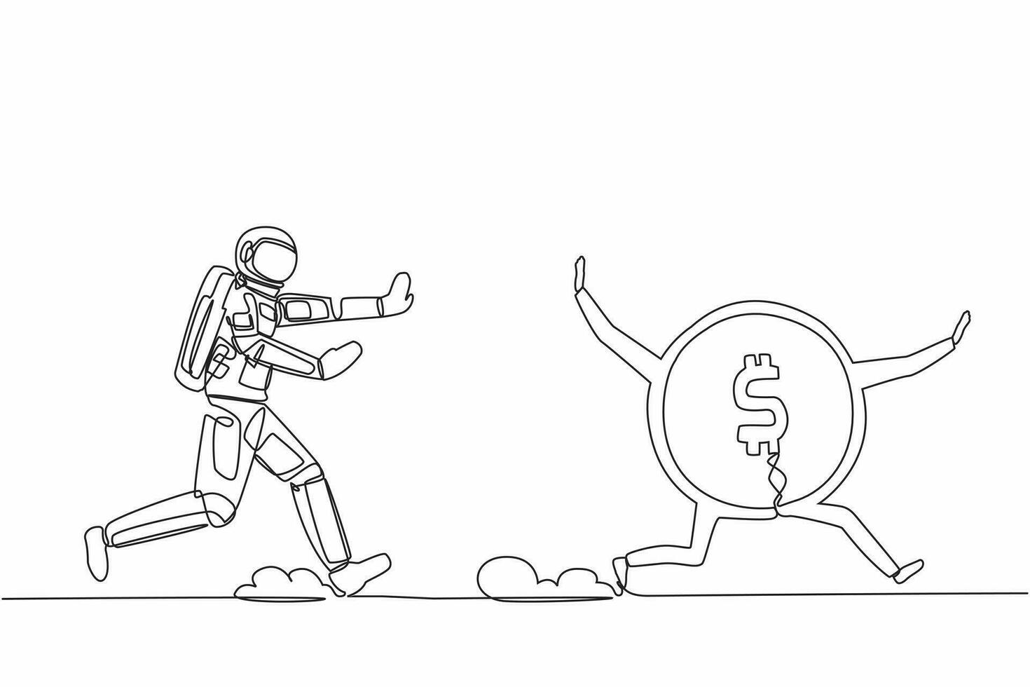 Single continuous line drawing young astronaut run chase dollar coin in moon surface. Exploration of space that requires large funds. Cosmonaut deep space. One line design vector graphic illustration