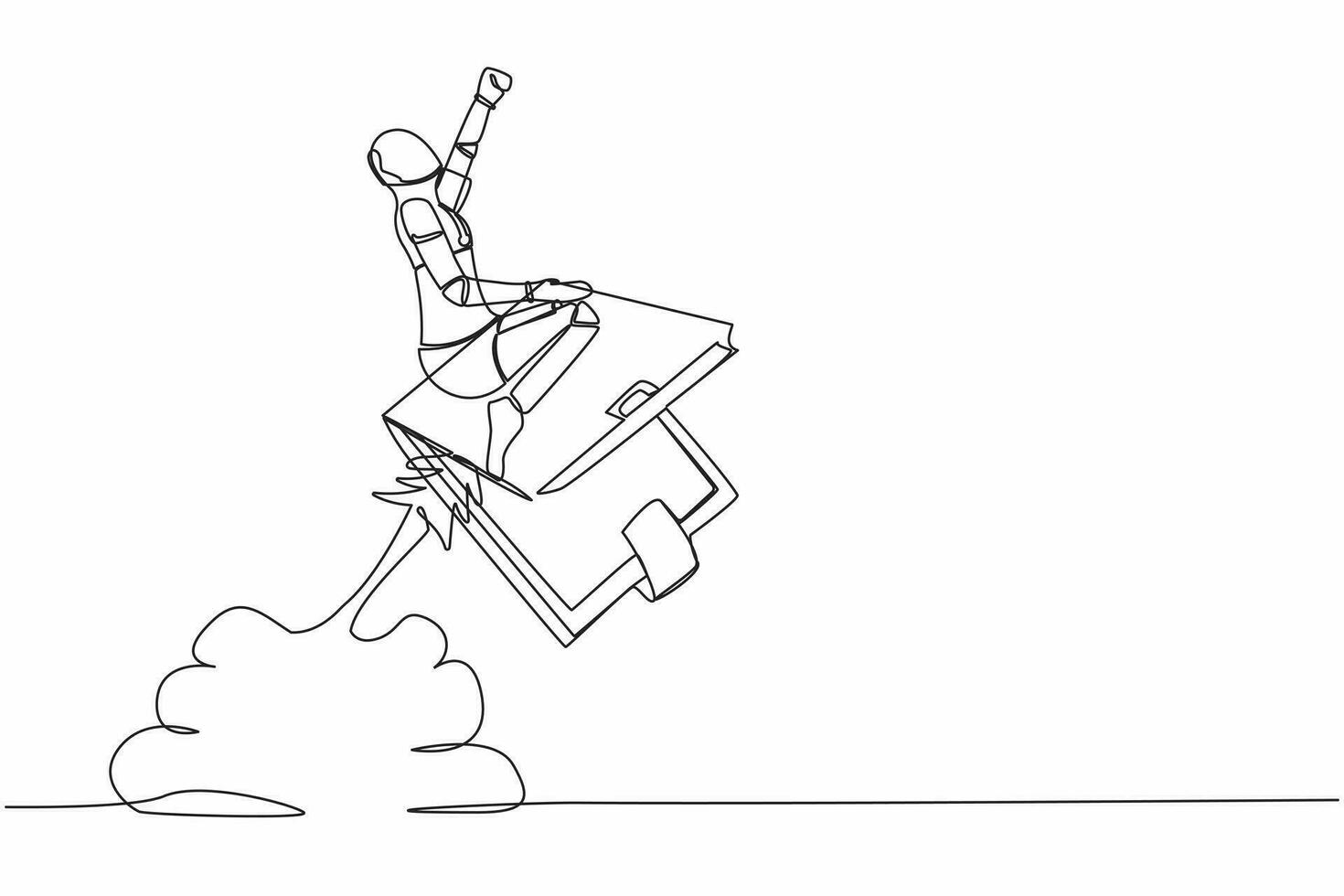 Continuous one line drawing robot riding wallet rocket flying in the sky. Financial planning at tech business. Humanoid robot cybernetic organism. Single line draw design vector graphic illustration
