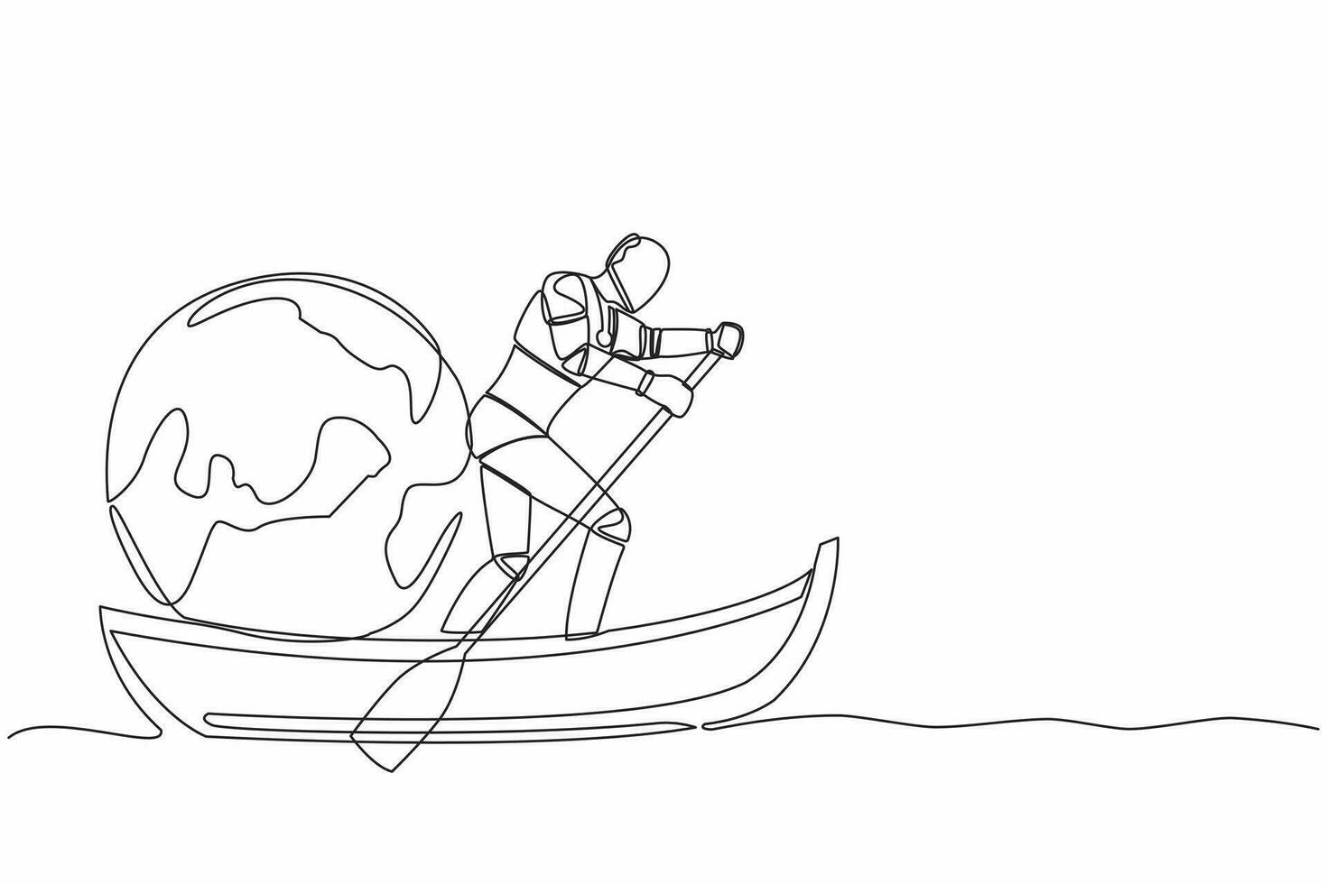 One continuous line drawing artificial robot standing in boat and sailing with earth globe. Taking trip around the world by ship. Tourism or travelling. Single line graphic design vector illustration