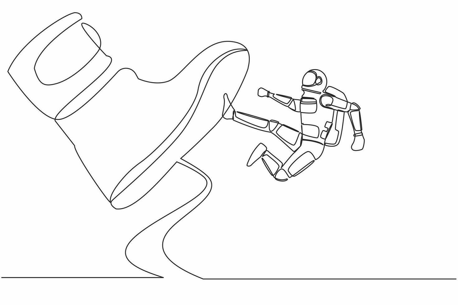 Continuous one line drawing young astronaut kick giant foot stomp in moon surface. Spaceman doing flying kick to big boot. Cosmonaut outer space concept. Single line graphic design vector illustration
