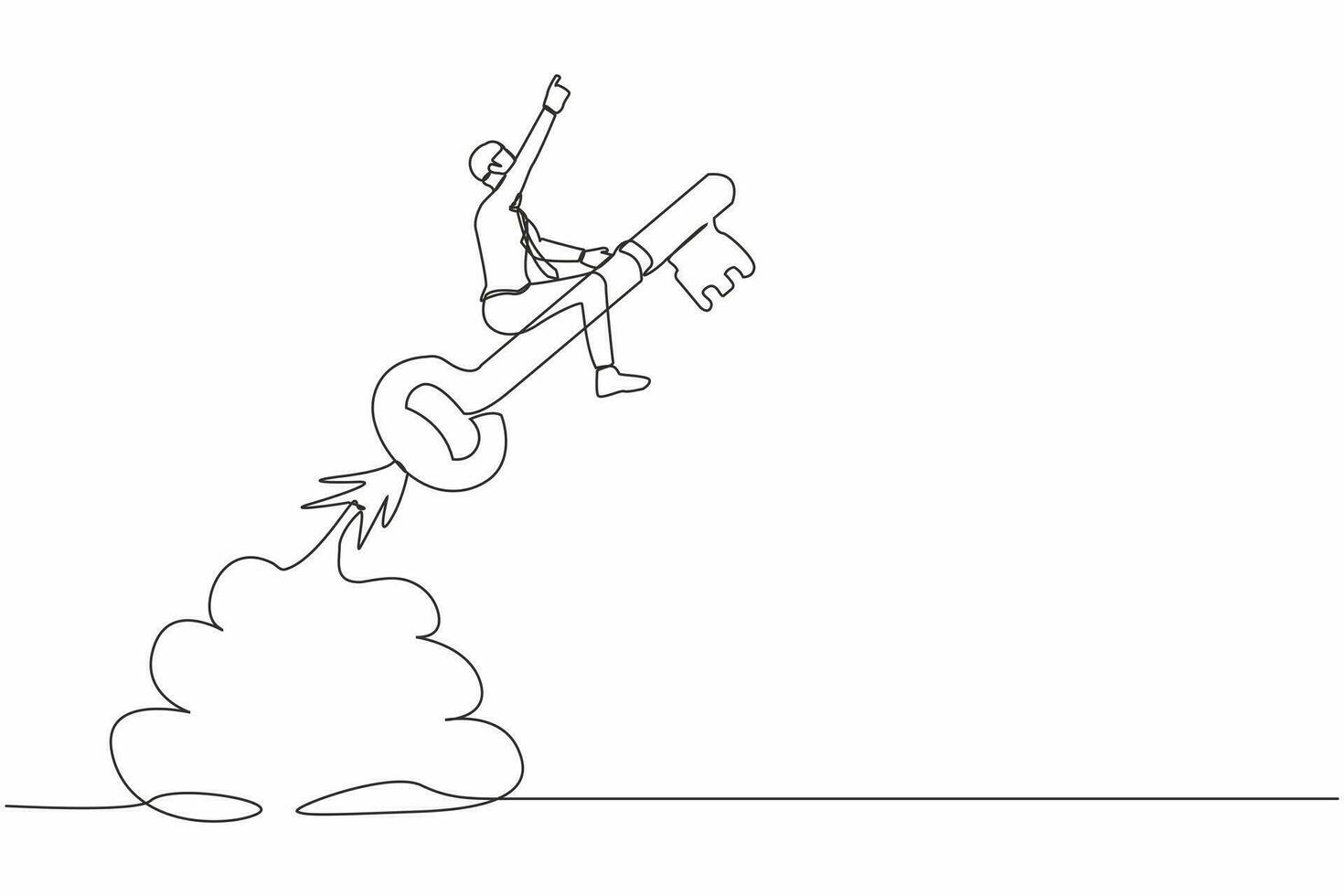 Single continuous line drawing businessman riding key rocket flying in the sky. Discover key success, unlock secret creativity to achieve business target. One line graphic design vector illustration