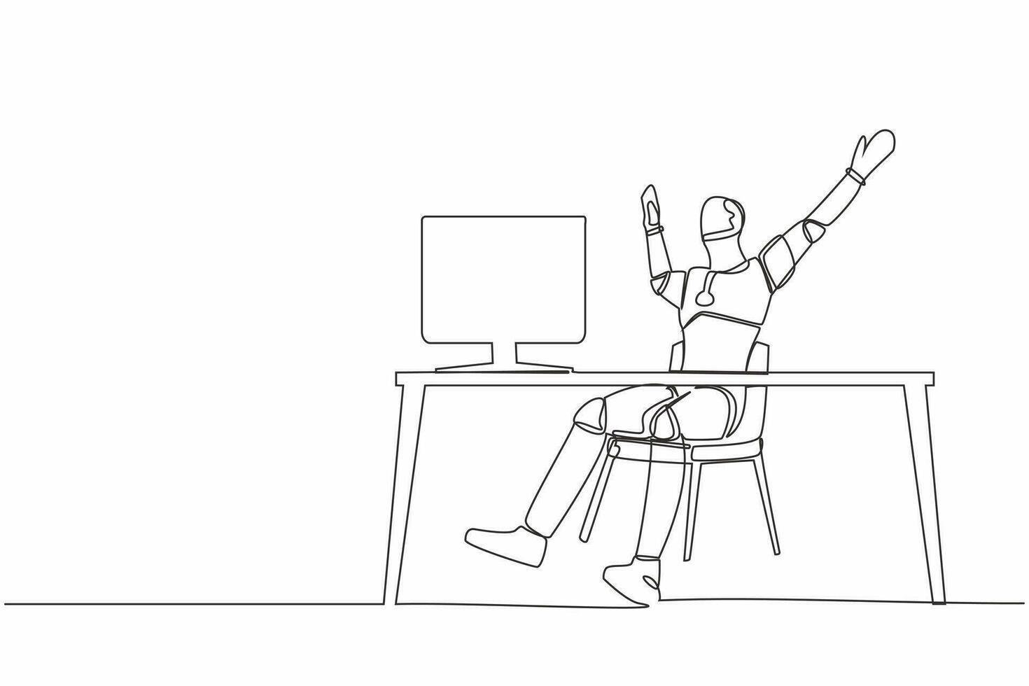 Single one line drawing happy robot sitting with raised hands near desk with computer. Artificial intelligence. Electronic technology industry. Continuous line draw graphic design vector illustration