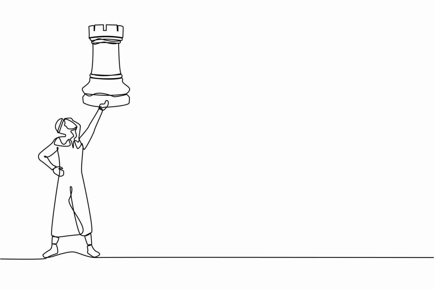 Single continuous line drawing smart Arabian businessman holding rook chess piece. Tactical advantage, successful entrepreneurship tactics or strategy. One line draw graphic design vector illustration