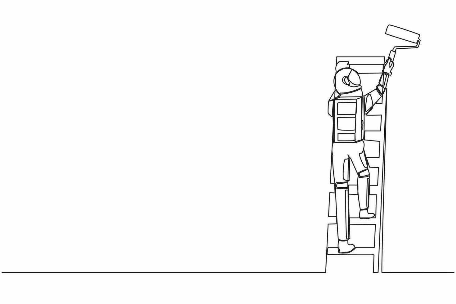 Single one line drawing astronaut painter standing on ladder and paints wall in future home. Ability to repair operating system. Cosmic galaxy space. Continuous line graphic design vector illustration