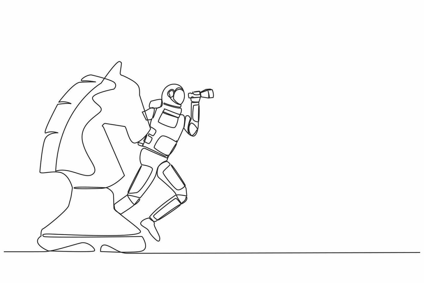 Continuous one line drawing of astronaut standing on horse chess piece using telescope to see galactic vision. Strategy in space industry. Cosmonaut outer space. Single line design vector illustration