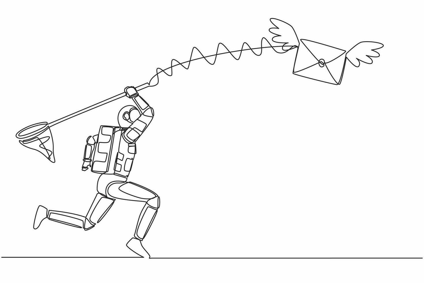 Continuous one line drawing of young astronaut try to catching flying mail with butterfly net. Message from spaceship exploration. Cosmonaut outer space. Single line graphic design vector illustration