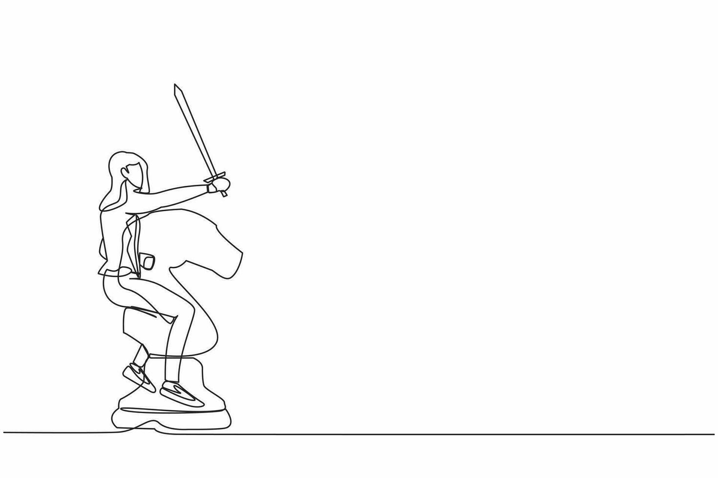Continuous one line drawing competitive businesswoman riding big horse chess piece with sword. Business challenge for winning competition, achievement goal. Single line draw design vector illustration
