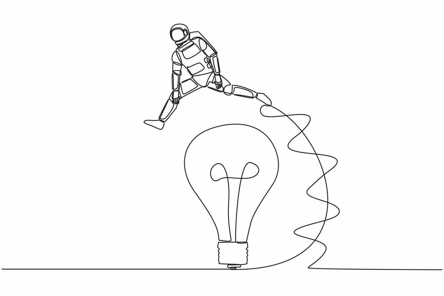 Single one line drawing young astronaut jumping over big light bulb. Innovation transformation technology in space company. Cosmic galaxy space. Continuous line draw graphic design vector illustration
