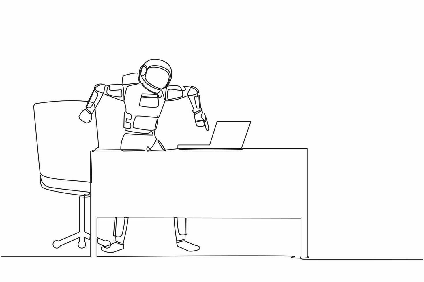 Continuous one line drawing of frustrated astronaut standing and shouting on laptop screen at working desk. Trouble in spaceship industry. Cosmonaut outer space. Single line design vector illustration