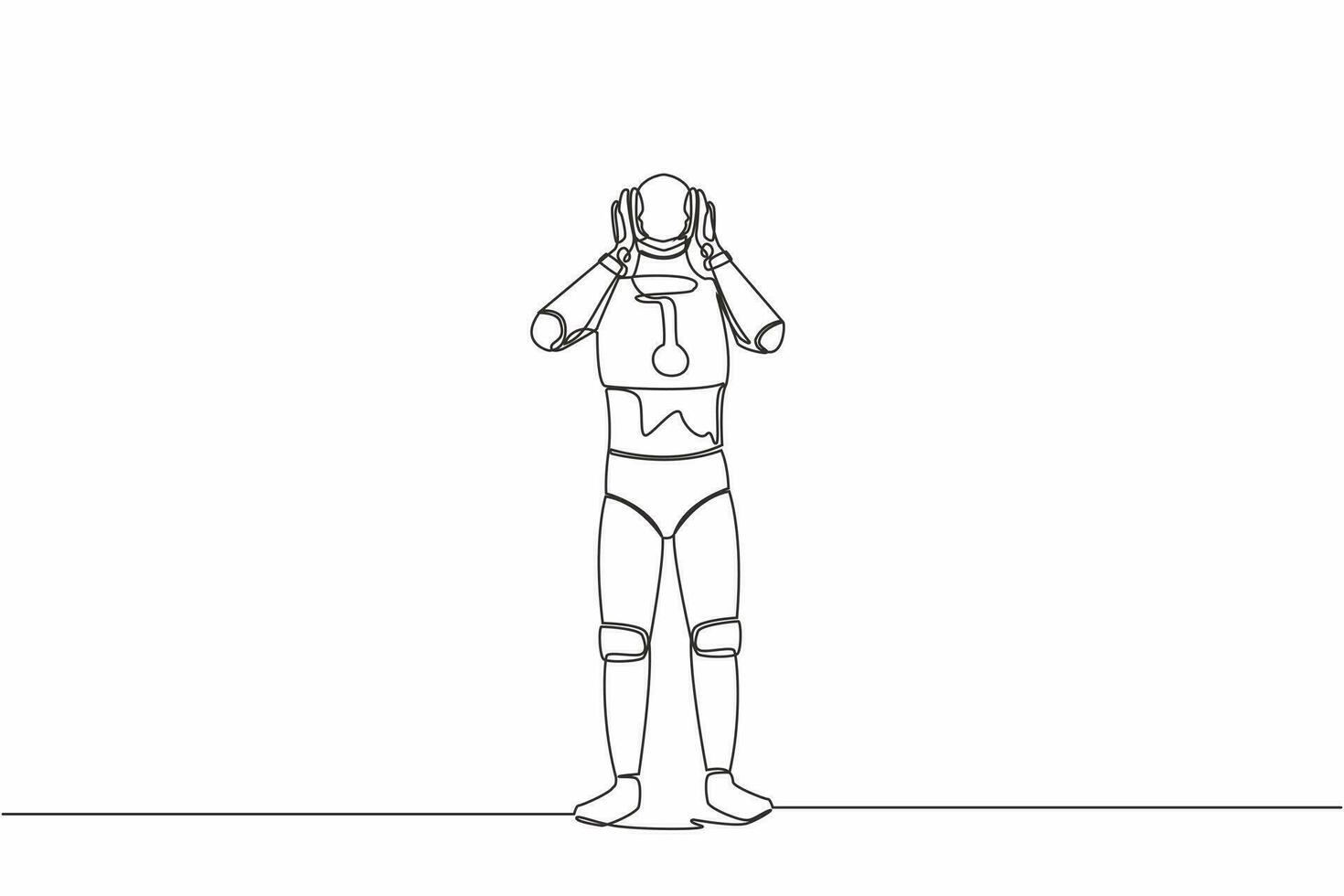 Single continuous line drawing stressed robot with headache, hands on his head, migraine, health problems, pain head. Artificial intelligence machine learning. One line draw design vector illustration