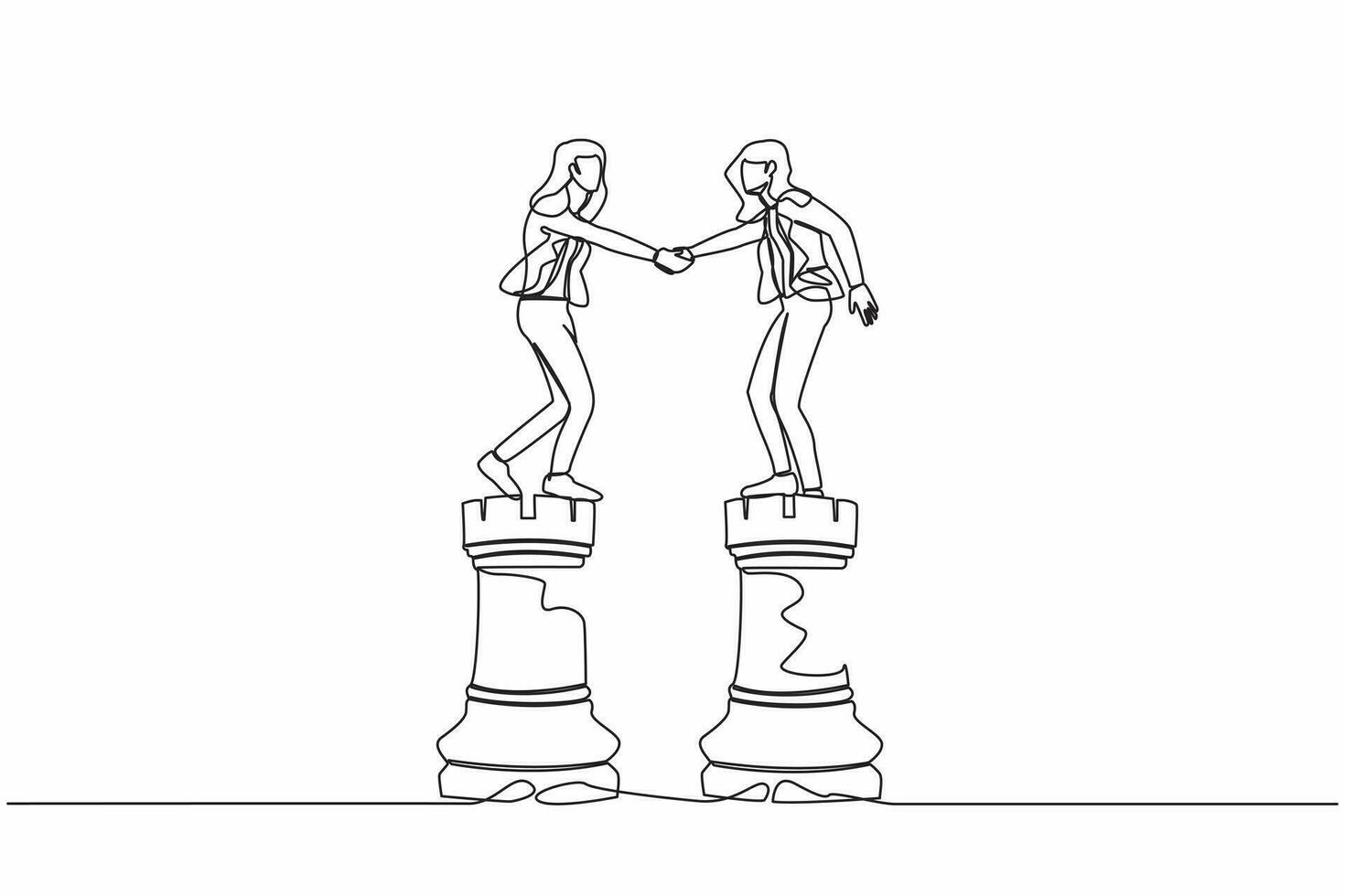 Continuous one line drawing businesswoman leader shaking hand on rook chess, metaphor of agreement. Collaboration strategy to success together concept. Single line design vector graphic illustration