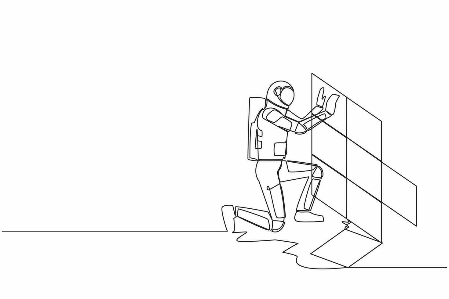 Single one line drawing astronaut laying ceramic wall tile at home in moon surface. Spaceman ability to repair operating system. Cosmic galaxy space. Continuous line graphic design vector illustration